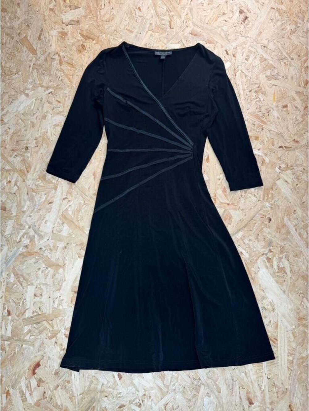 Connected Apparel Dress Womens 10 Black Faux Wrap V-Neck 3/4 Sleeve A-Line Midi